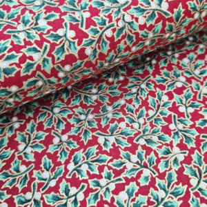 Popelín Navideño con Estampado de Acebo Rojo – 100% Algodón