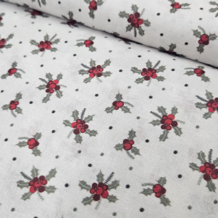 Popelín ramas de muérdago fondo blanco 100% algodón