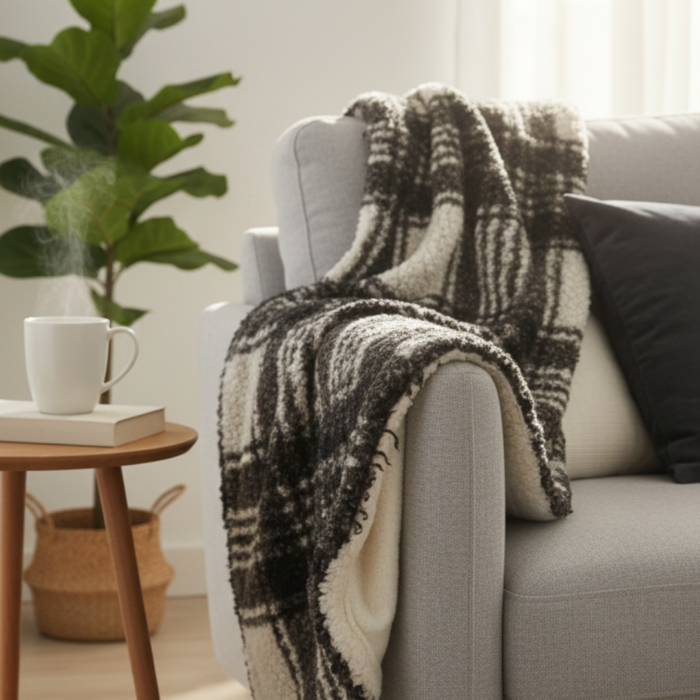 Tela borreguito tartán en negro y crudo con pelo corto para disfraces, manualidades y decoración